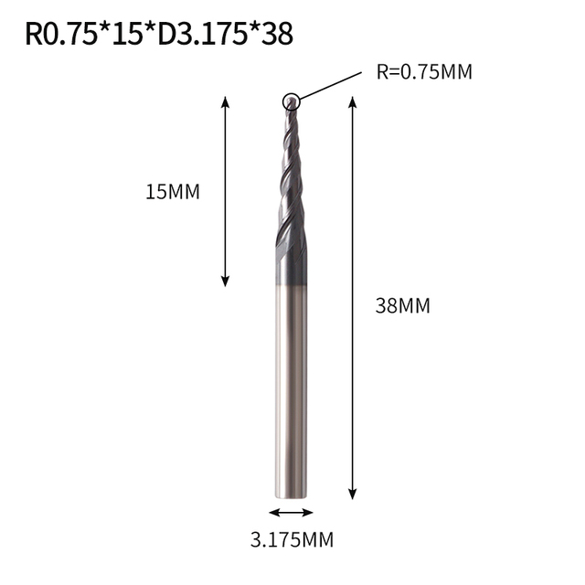 VACK - Ball Nose Pointed End Mills, 3.175mm, 4mm, 6mm, 8mm, Router Bits, Cnc, Wood and Metal Milling Machine