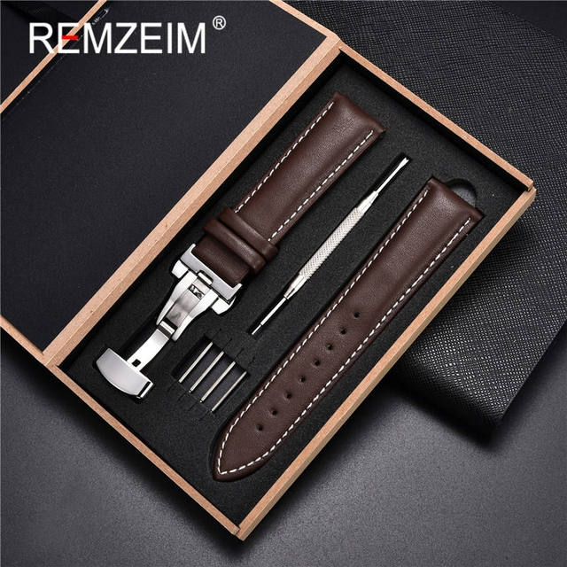 Rimzm Soft Calfskin Leather Watches 18mm 20mm 22mm 24mm Straps Automatic Butterfly Clasp Watch Accessories With Box