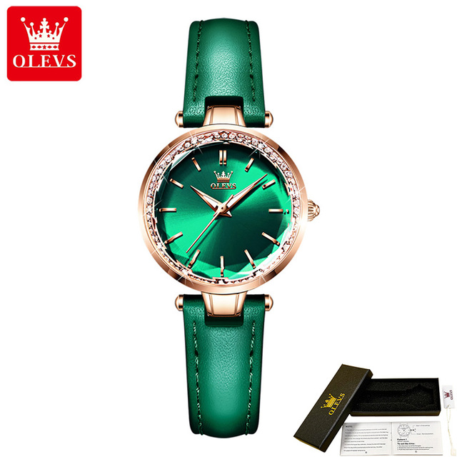 OLEVS Quartz High Quality Women's Wristwatch Waterproof Corium Strap Watches Fashion For Women Green Diamond Watch