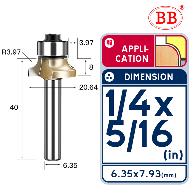 BB Corner Rounding Router Bit Concave Milling Cutter with Parallel Shank 1/2 1/4 Inch Woodworking Tool Round Edge Trimmer