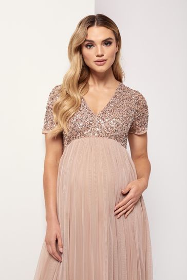 Maya Maternity Delicate Sequin Cap Sleeve Maxi Dress