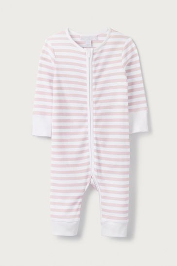 The White Company Pink Stripe Zip Sleepsuit