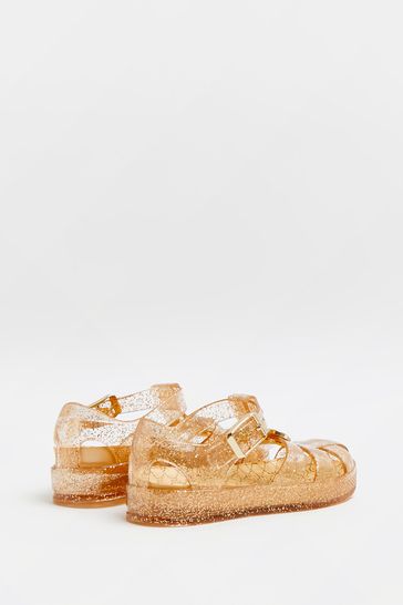 River Island Gold Yellow Mg Heart Trim Glitter Jellie Sandals