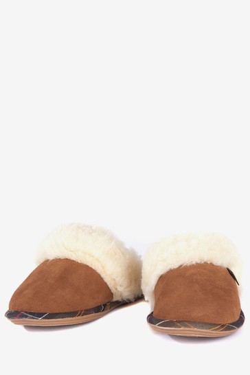 Barbour® Tan Brown Suede Faux-Fur Trim Lydia Slippers