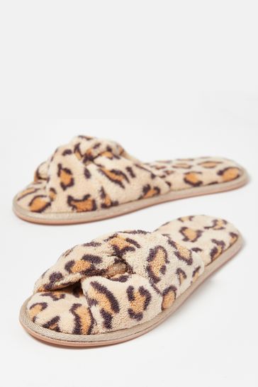 Oliver Bonas Brown Animal Print Faux Fur Knotted Slippers