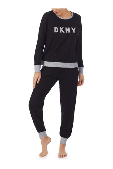 DKNY Black Signature Cotton Logo Top And Joggers Set