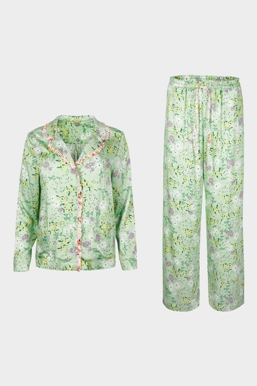 Oliver Bonas Green Field Floral Print Green Shirt And Trousers Pyjama Set