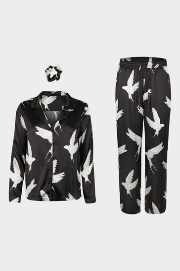 Oliver Bonas Black Sleepy Swallow Print Shirt, Trousers And Scrunchie Pyjama Set