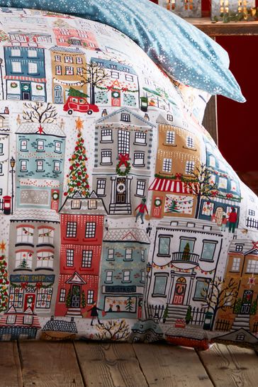 furn. Multicolour Festive Town Christmas Reversible Duvet Cover and Pillowcase Set