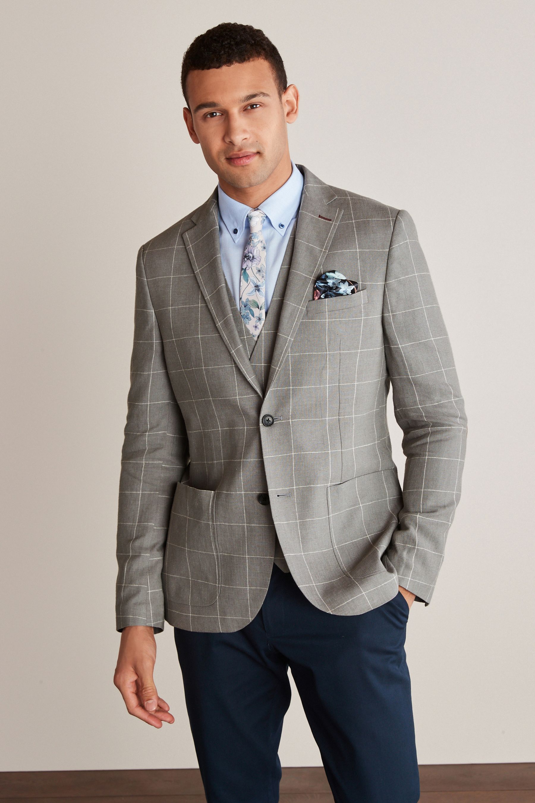 Windowpane Check Linen Blend Blazer