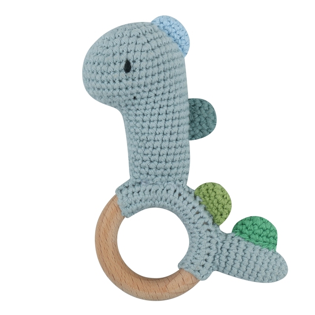 1pc or 2pcs/set BPA Free Crochet Dinosaur Baby Teether Rattle Safe Beech Wooden Teether Ring Newborn Mobile Sport Educational Toy