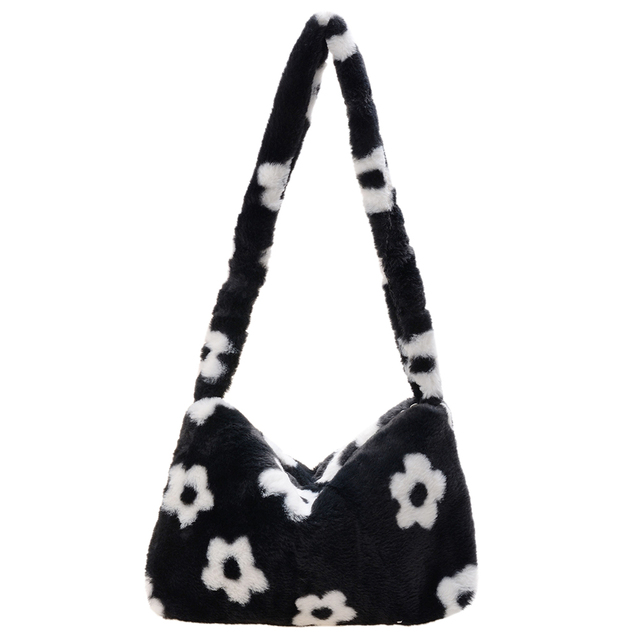 Fashion Women Cow Print Small Shoulder Bags Female Winter Plush Underarm Bags Leopard Zebra Pattern Fluffy Tote Bags Small Purses