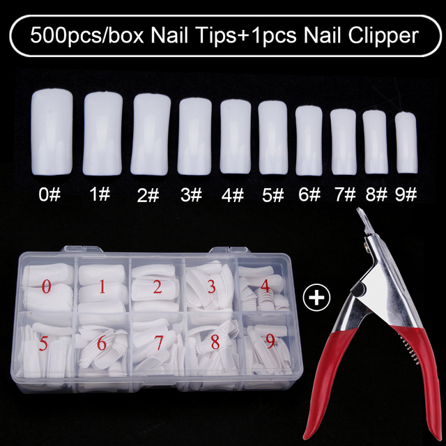 500pcs/box Clear Artificial False Nail Tips Capsule with Nails Cutter Coffin French Full Cover Fake Nails Manicure Tools