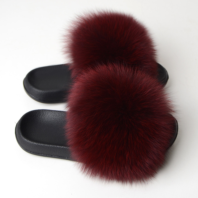 Real Fox Fur Slippers Women Summer Indoor Fluffy Flat Raccoon Fur Slides Outdoor Fashion Casual Beach Shoes Plus Size Shoes