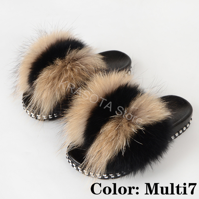 Fur Slippers Women Real Fox Fur Slides Fluffy Home Slippers Luxury Flip Flop with Fur Ladies Platform Sandals Summer Shoes Women