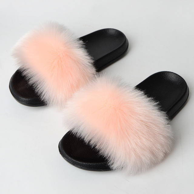 Women Summer New Synthetic Fox Fur Slippers Indoor Home Furry Cute Faux Raccoon Fur Non-slip Outdoor Home Shoes Beach Sandals