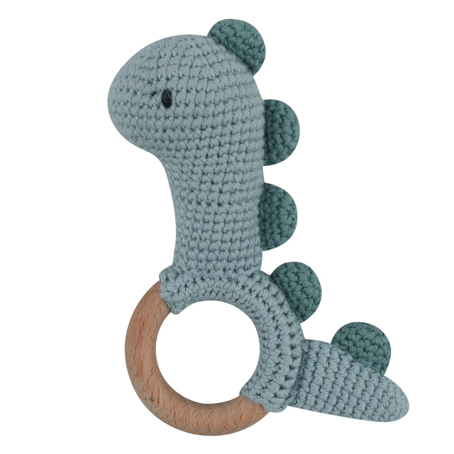 1pc or 2pcs/set BPA Free Crochet Dinosaur Baby Teether Rattle Safe Beech Wooden Teether Ring Newborn Mobile Sport Educational Toy