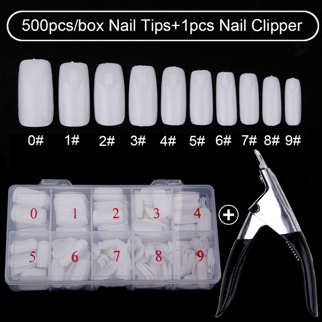 500pcs/box Clear Artificial False Nail Tips Capsule with Nails Cutter Coffin French Full Cover Fake Nails Manicure Tools