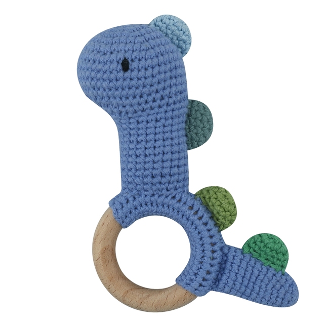 1pc or 2pcs/set BPA Free Crochet Dinosaur Baby Teether Rattle Safe Beech Wooden Teether Ring Newborn Mobile Sport Educational Toy