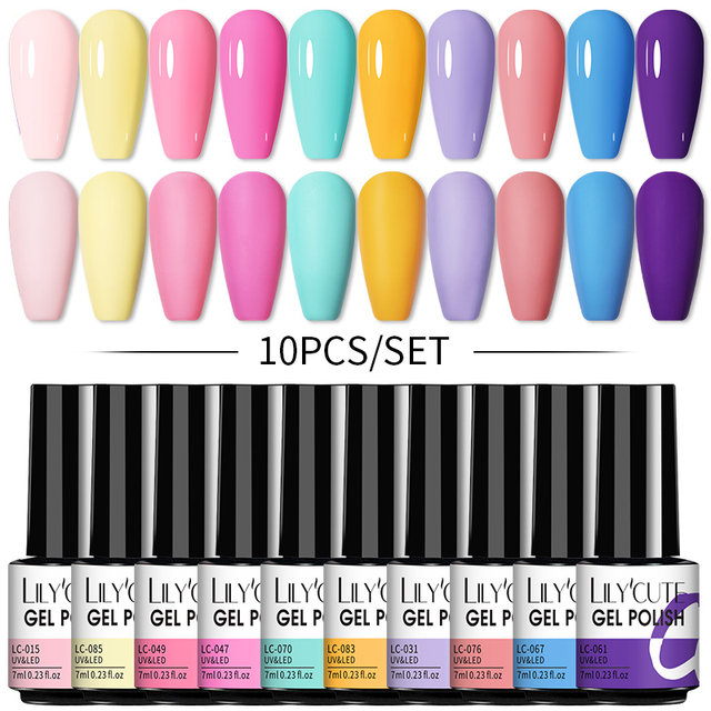 LILYCUTE 10pcs Gel Nail Polish Set With UV Lamp Nude Gel Semi Permanent Hybrid Varnish Base Top Coat Soak Off UV LED Nail Art