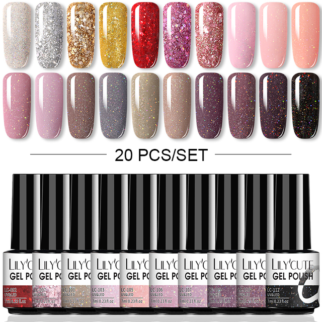 LILYCUTE 10/20/8/2pcs Gel Nail Polish Set Semi Permanent Glitter Hybrid Varnish Base Top Coat Soak Off UV LED Nails Gel