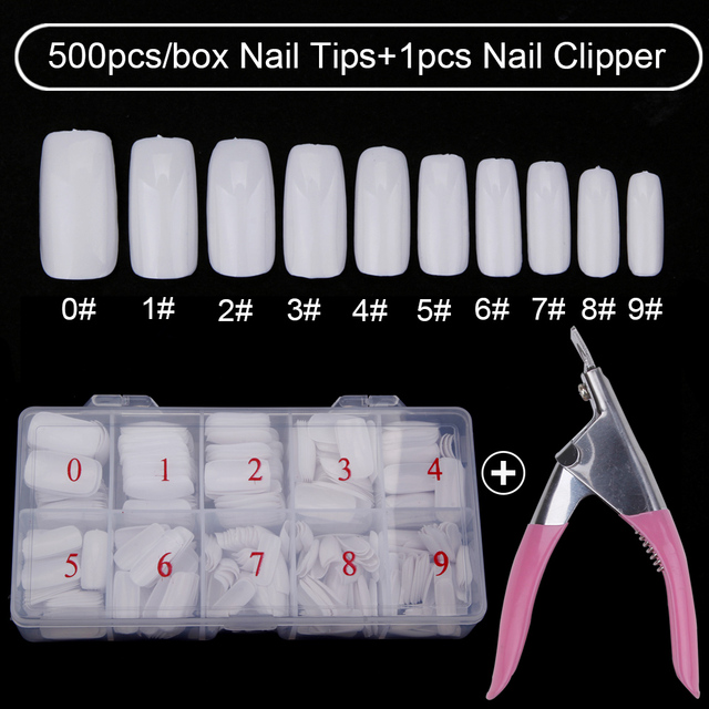 500pcs/box Clear Artificial False Nail Tips Capsule with Nails Cutter Coffin French Full Cover Fake Nails Manicure Tools