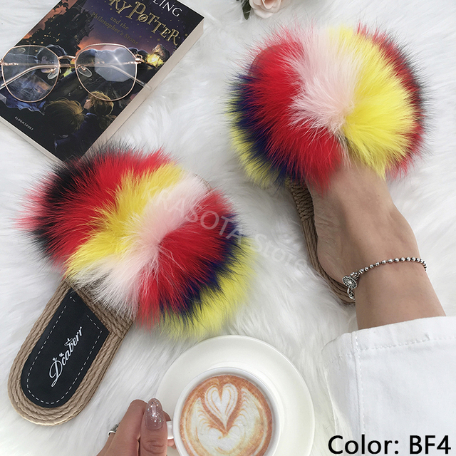 Real Fox Fur Slides Summer Women Faux Espadrilles Slippers Ladies Fluffy Flip Flops Luxury Furry Sandals Shoes 36 37 38 39 40