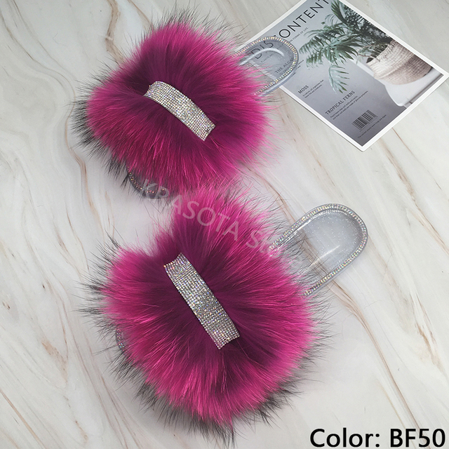 Jelly Slippers Transparent Crystal Flat Slippers Furry Slides for Women Fluffy Slippers Fur Sandals Flip Flop Ladies Summer 2022