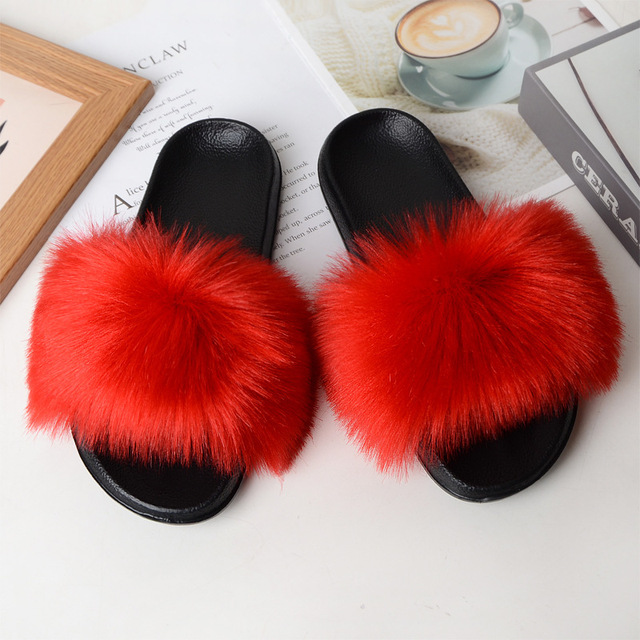 Women Summer New Synthetic Fox Fur Slippers Indoor Home Furry Cute Faux Raccoon Fur Non-slip Outdoor Home Shoes Beach Sandals