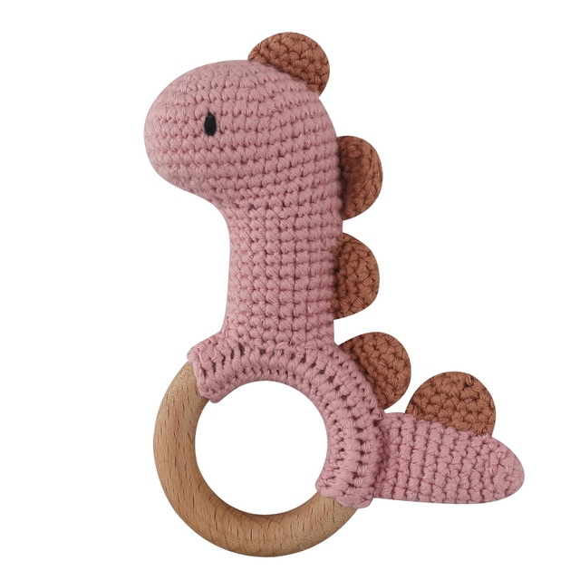 1pc or 2pcs/set BPA Free Crochet Dinosaur Baby Teether Rattle Safe Beech Wooden Teether Ring Newborn Mobile Sport Educational Toy