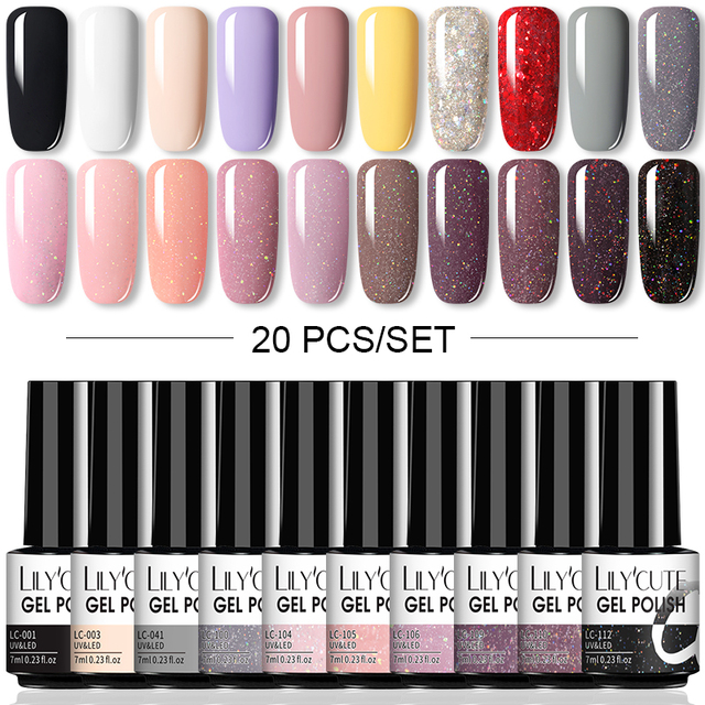 LILYCUTE 10/20/8/2pcs Gel Nail Polish Set Semi Permanent Glitter Hybrid Varnish Base Top Coat Soak Off UV LED Nails Gel