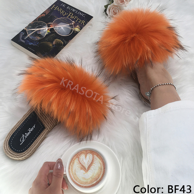 Real Fox Fur Slides Summer Women Faux Espadrilles Slippers Ladies Fluffy Flip Flops Luxury Furry Sandals Shoes 36 37 38 39 40