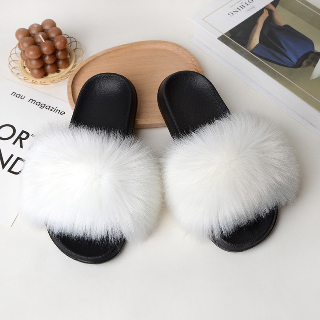 Women Summer New Synthetic Fox Fur Slippers Indoor Home Furry Cute Faux Raccoon Fur Non-slip Outdoor Home Shoes Beach Sandals