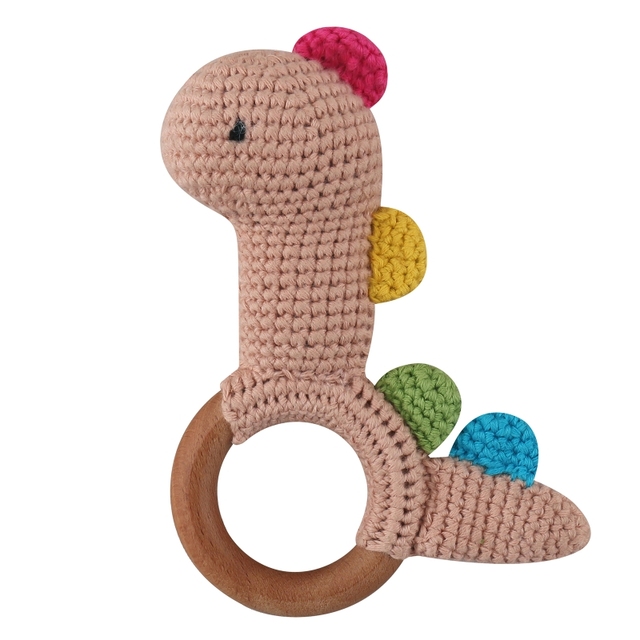 1pc or 2pcs/set BPA Free Crochet Dinosaur Baby Teether Rattle Safe Beech Wooden Teether Ring Newborn Mobile Sport Educational Toy