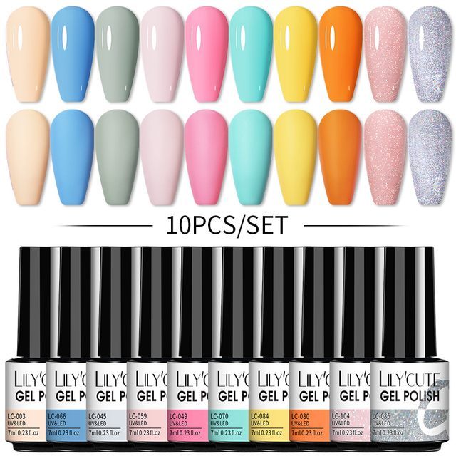 LILYCUTE 10pcs Gel Nail Polish Set With UV Lamp Nude Gel Semi Permanent Hybrid Varnish Base Top Coat Soak Off UV LED Nail Art