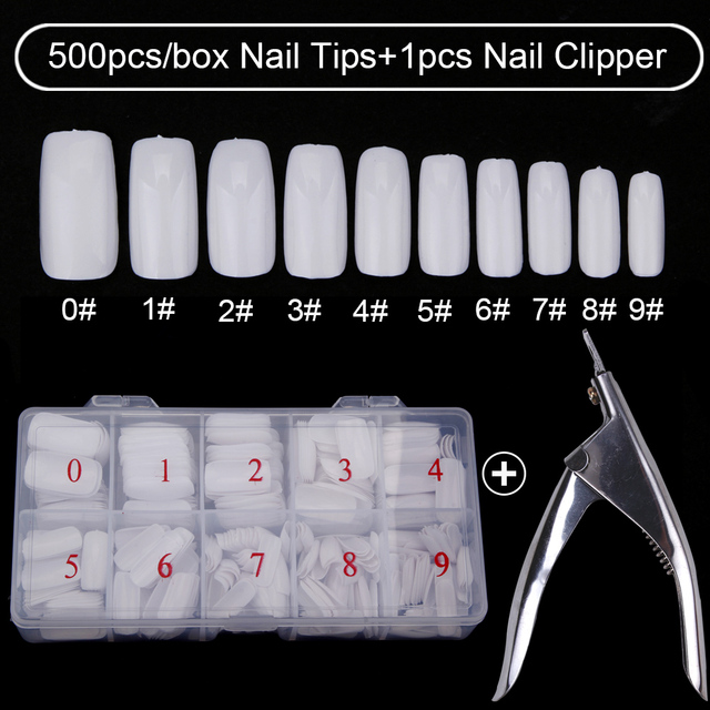 500pcs/box Clear Artificial False Nail Tips Capsule with Nails Cutter Coffin French Full Cover Fake Nails Manicure Tools