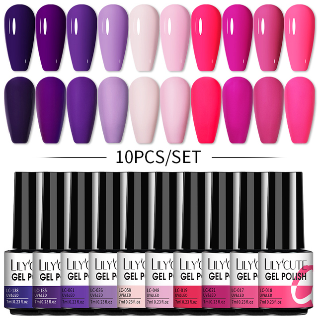 LILYCUTE 10pcs Gel Nail Polish Set With UV Lamp Nude Gel Semi Permanent Hybrid Varnish Base Top Coat Soak Off UV LED Nail Art