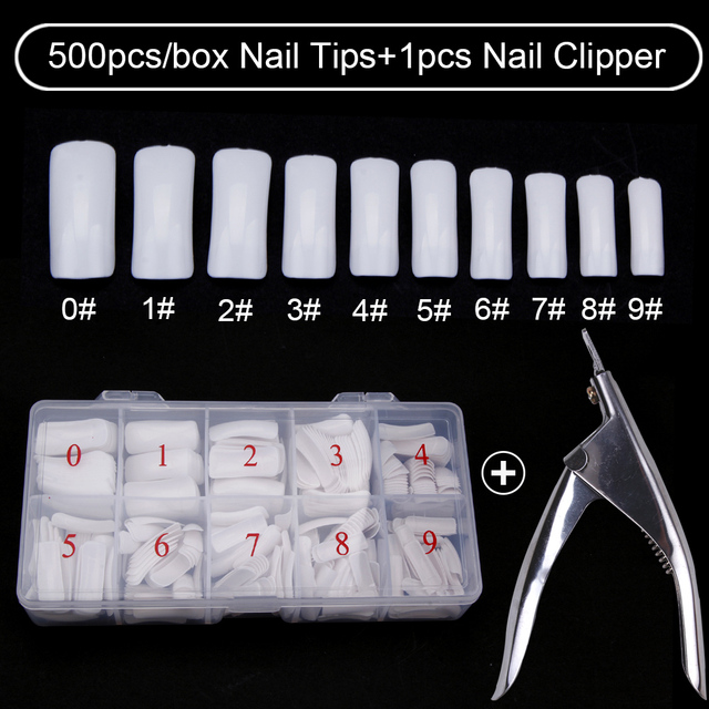 500pcs/box Clear Artificial False Nail Tips Capsule with Nails Cutter Coffin French Full Cover Fake Nails Manicure Tools