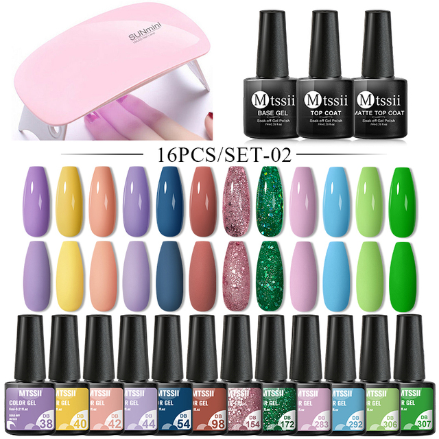 Mtssii 25/60pcs Color Gel Nail Polish Set Glitter Sequins Gel Soak Off UV Gel Semi Permanent Base and Top Coat Nail Art Gel Kits