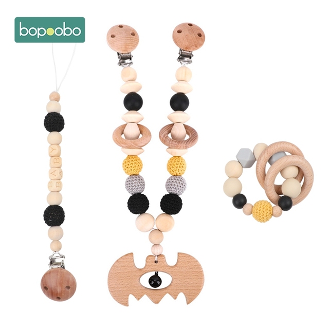 Baby Wooden Toy Stroller Clip Baby Mobile Stroller Customized Silicone Pill Pacifier Chain Chew Silicone Rattle Baby Wooden Teether
