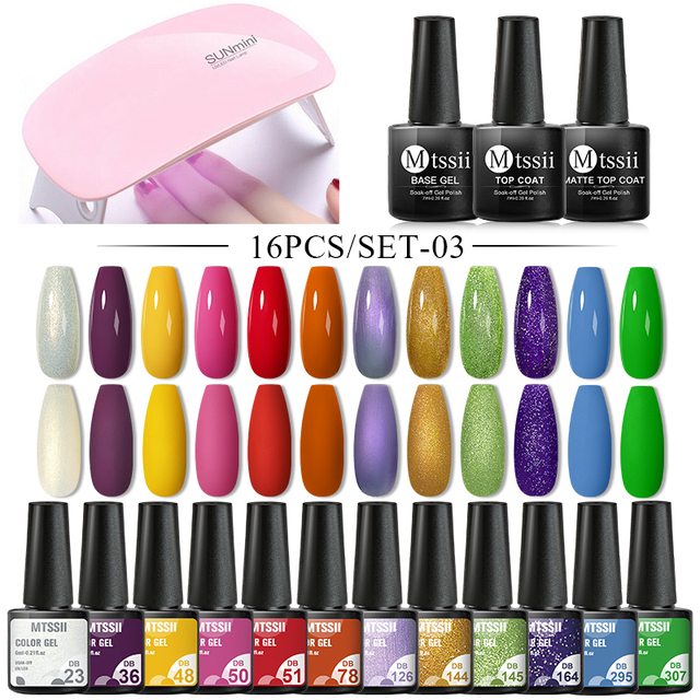 Mtssii 25/60pcs Color Gel Nail Polish Set Glitter Sequins Gel Soak Off UV Gel Semi Permanent Base and Top Coat Nail Art Gel Kits