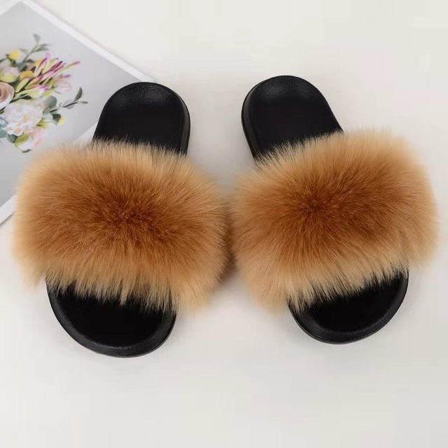 Women Summer New Synthetic Fox Fur Slippers Indoor Home Furry Cute Faux Raccoon Fur Non-slip Outdoor Home Shoes Beach Sandals