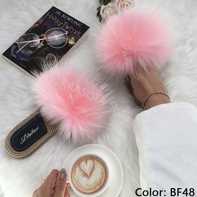 Real Fox Fur Slides Summer Women Faux Espadrilles Slippers Ladies Fluffy Flip Flops Luxury Furry Sandals Shoes 36 37 38 39 40