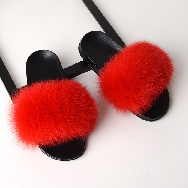 fluffy slippers women luxury real fox fur slippers women home fur slides ladies summer flip flops wholesale flat shoes slippers