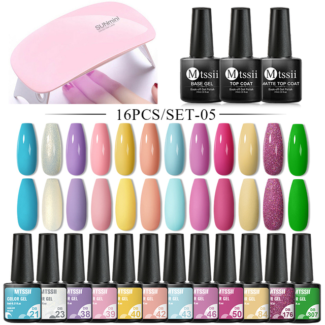 Mtssii 25/60pcs Color Gel Nail Polish Set Glitter Sequins Gel Soak Off UV Gel Semi Permanent Base and Top Coat Nail Art Gel Kits