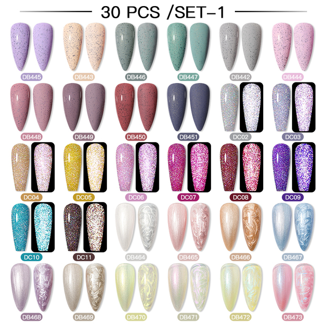 Mtssii 60pcs Color Gel Nail Polish Set Glitter Nail Sequins Gel Soak Off UV Gel Semi Permanent Base Top Gel Nail Art Salon Kits