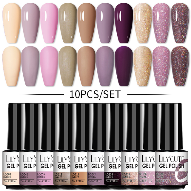 LILYCUTE 10pcs Gel Nail Polish Set With UV Lamp Nude Gel Semi Permanent Hybrid Varnish Base Top Coat Soak Off UV LED Nail Art