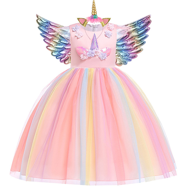 New Girls' Rainbow Unicorn Dress, Girls' Rainbow Unicorn Dress for Party Birthday