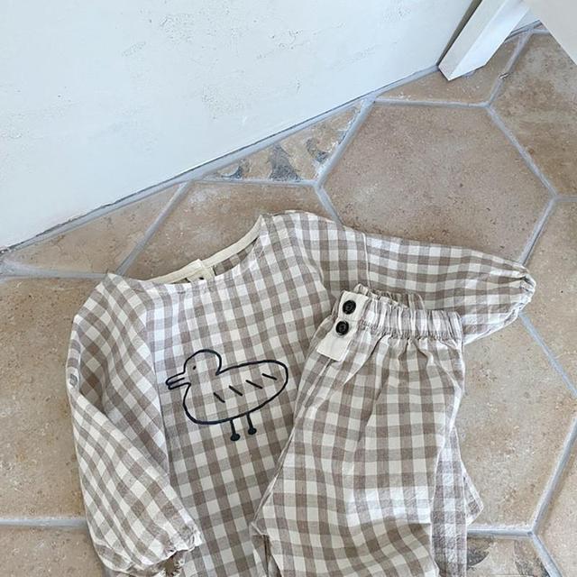 2022 New Baby Cotton Linen Clothes Set Plaid Cartoon Casual Tops Pants 2pcs Baby Set Cute Boy Girls Comfortable Infant Outfits