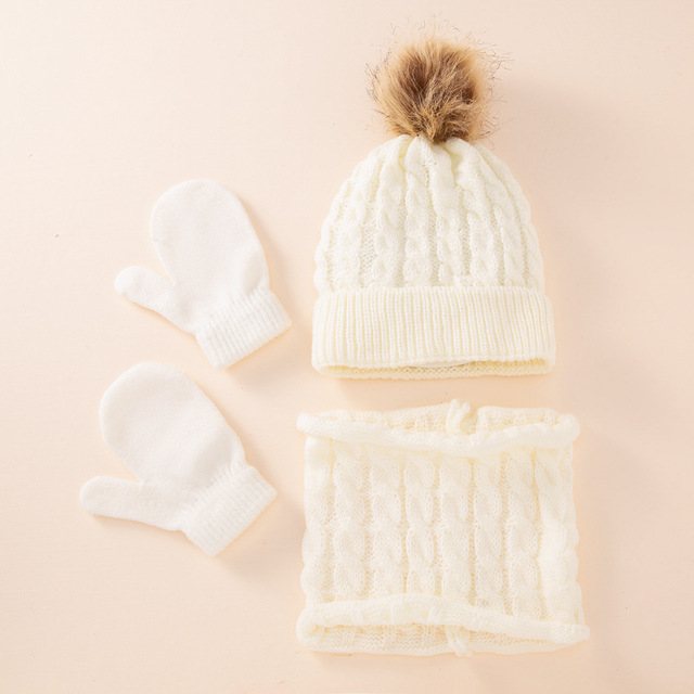 Cute Hat Scarf Set Beanie Hat Gloves 3pcs Children Hats Girls Fake Ball Pom Keep Warm Winter Knitted Skullies Kids Bone